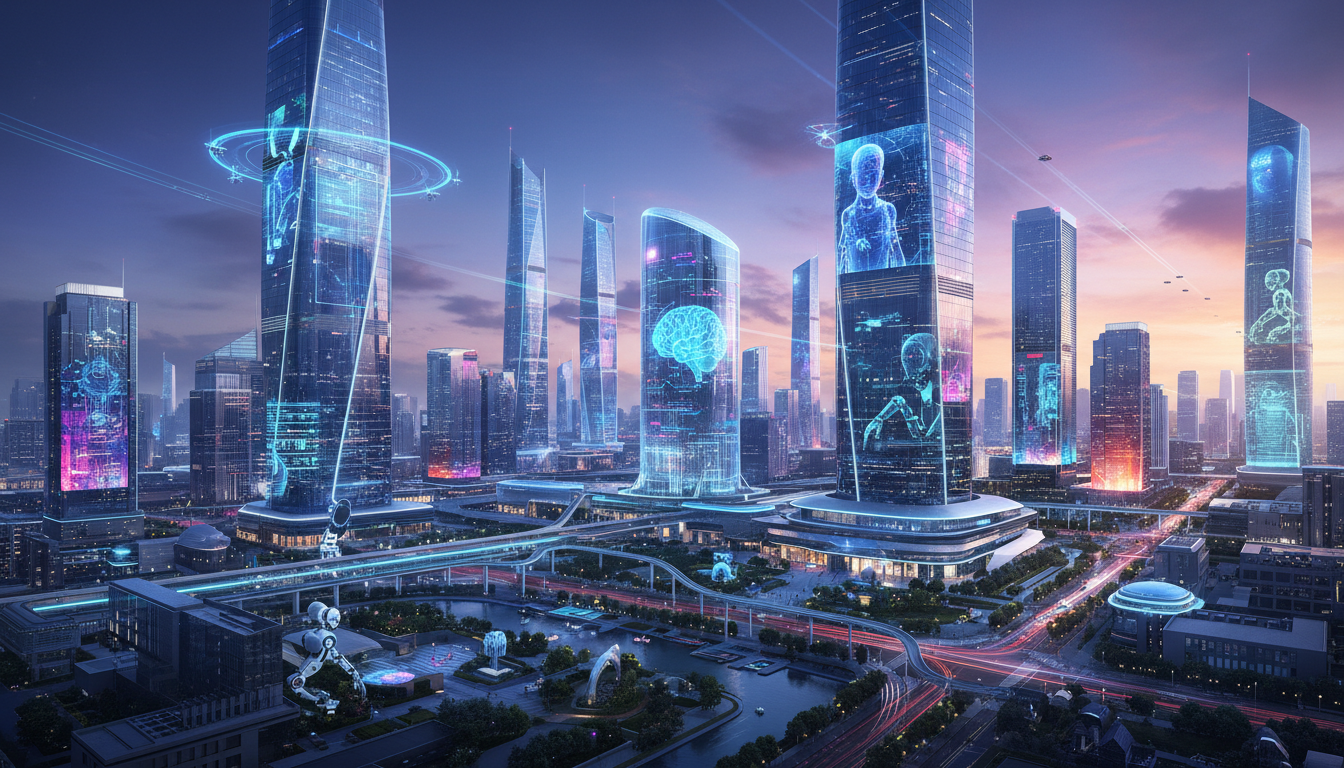 ภาพเมืองแห่งอนาคตในจีน แสดงเทคโนโลยี AI และหุ่นยนต์