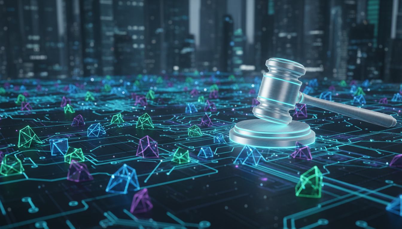 ภาพแสดงเครือข่ายบล็อกเชนที่มีฆ้อนผู้พิพากษาทับอยู่ สื่อถึงกฎหมาย CLARITY Act ที่อาจมีผลต่อคริปโต