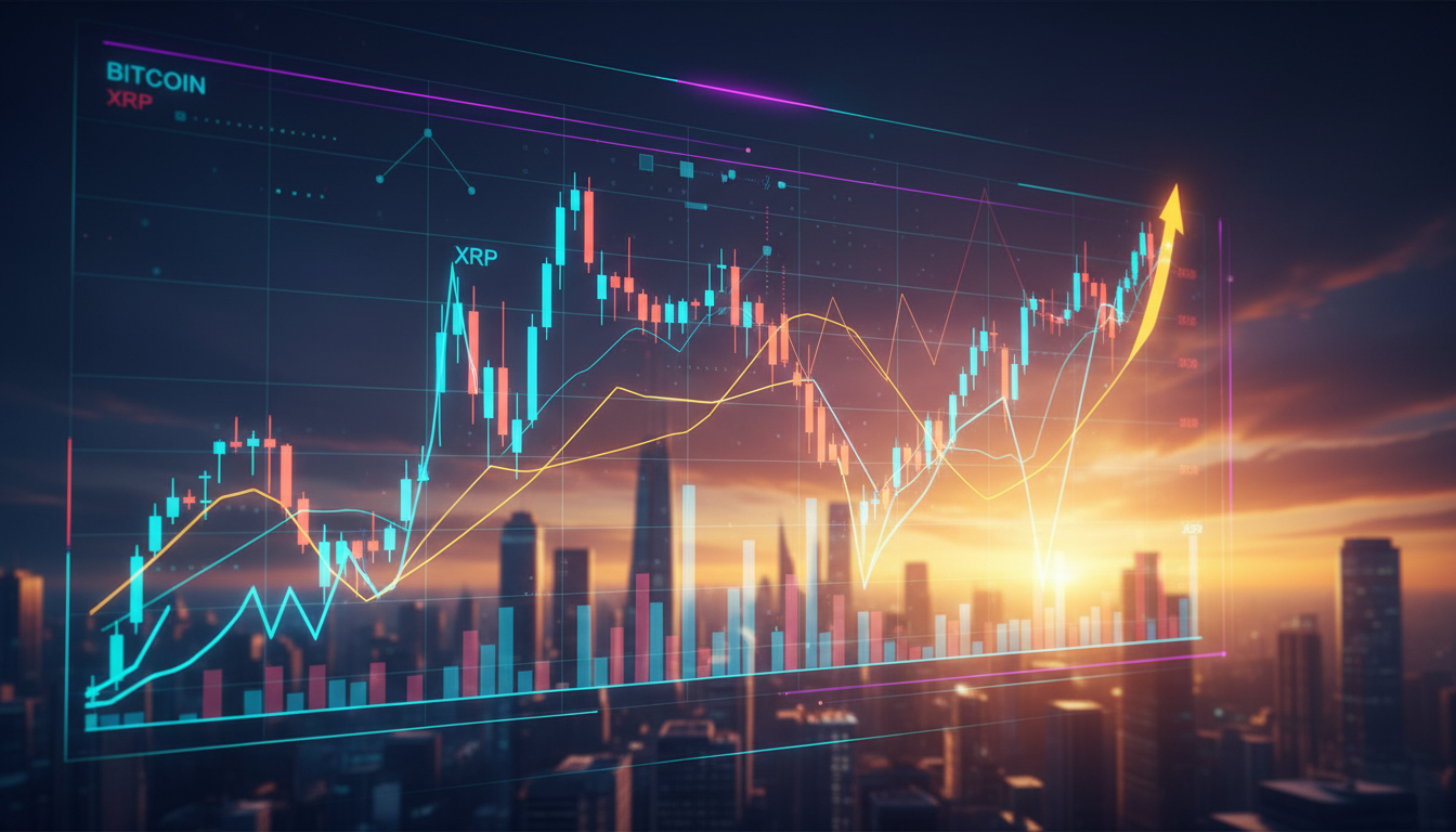 กราฟราคา XRP พุ่งสูงขึ้น โดยมี Bitcoin อยู่เบื้องหลัง