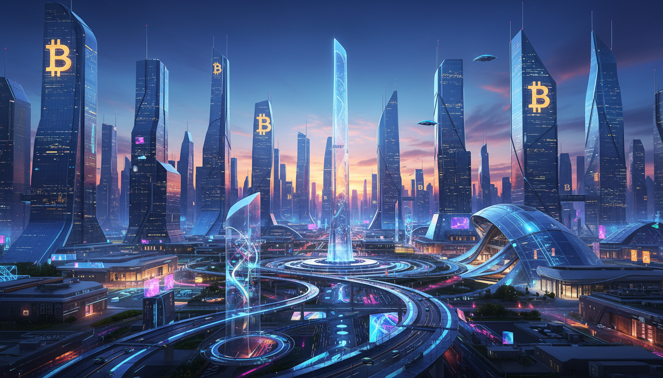 ภาพกราฟิกแสดงราคา Bitcoin พุ่งสูงขึ้นเหนือเมืองแห่งอนาคต