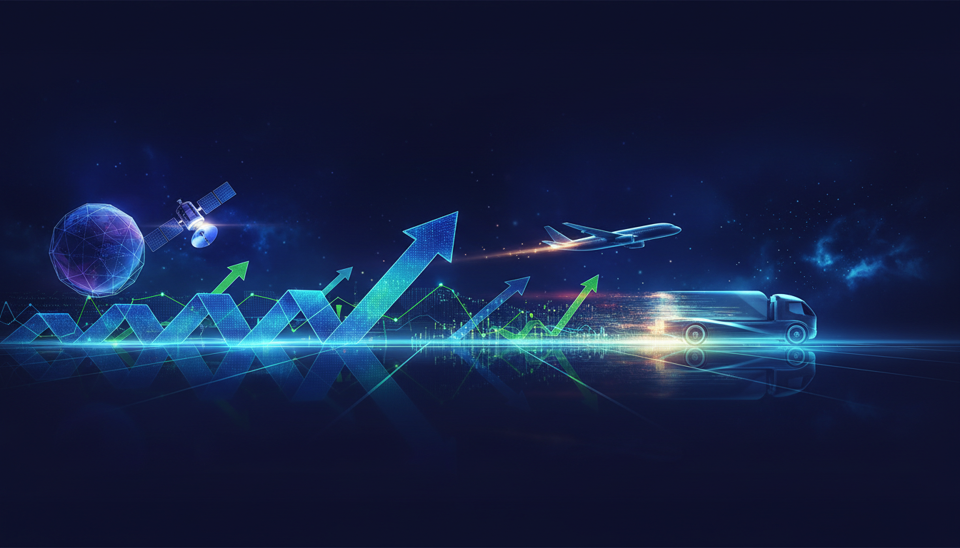 กราฟหุ้นเคลื่อนไหวโดดเด่นก่อนตลาดเปิด แสดงแท่งกราฟและลูกศรพุ่งขึ้นพร้อมสัญลักษณ์อวกาศและโลจิสติกส์