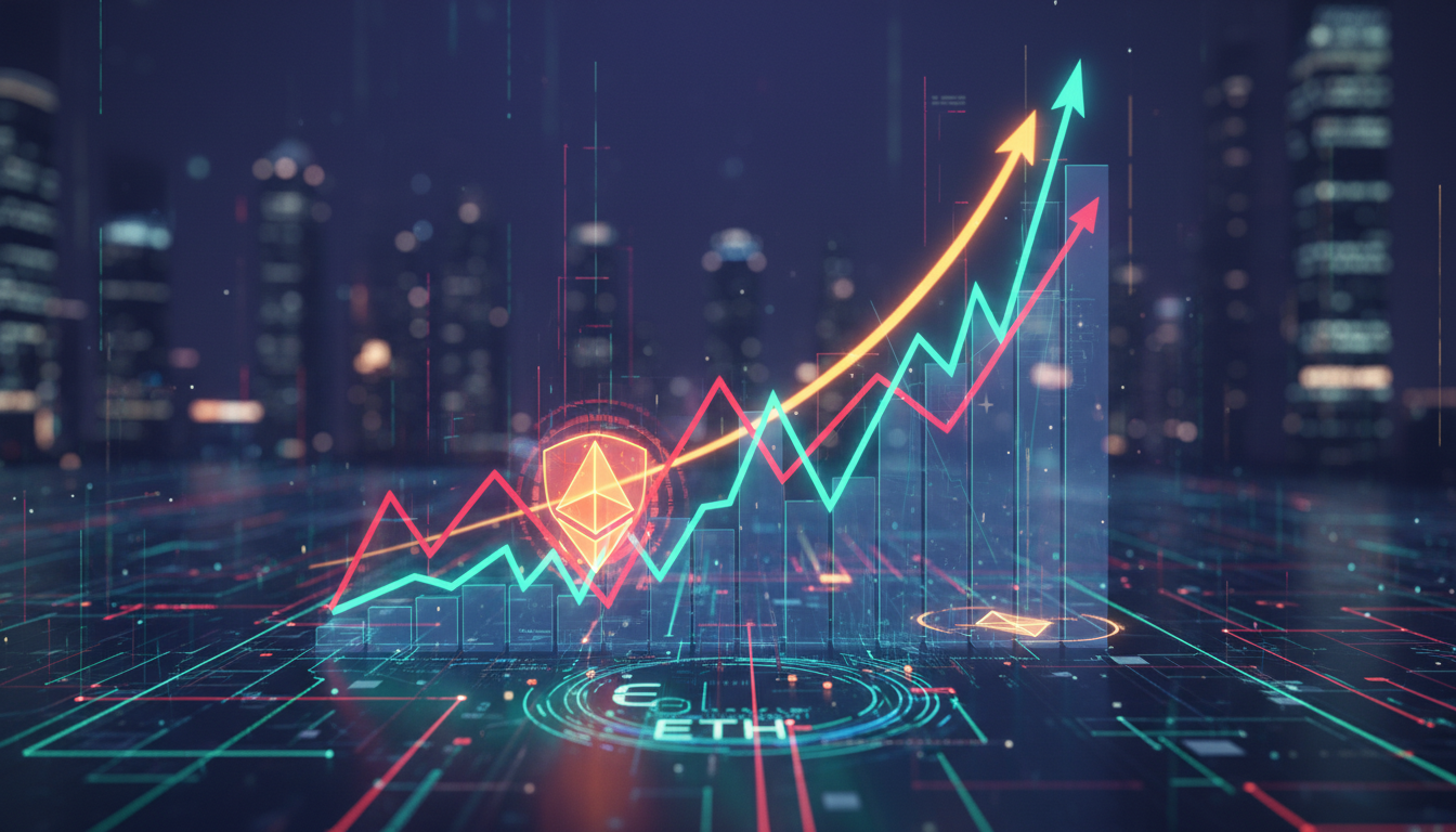 กราฟแท่งแสดง Ether Taker Volume พุ่งสูงขึ้น พร้อมลูกศรชี้แนวโน้มราคา Ether