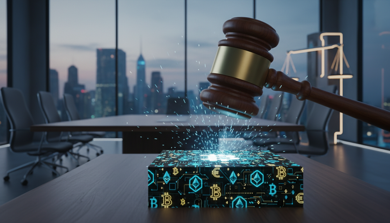 รูปภาพค้อนตุลาการและสัญลักษณ์คริปโต สื่อถึงการผ่าน **กฎหมายคริปโต** ในวุฒิสภาสหรัฐฯ