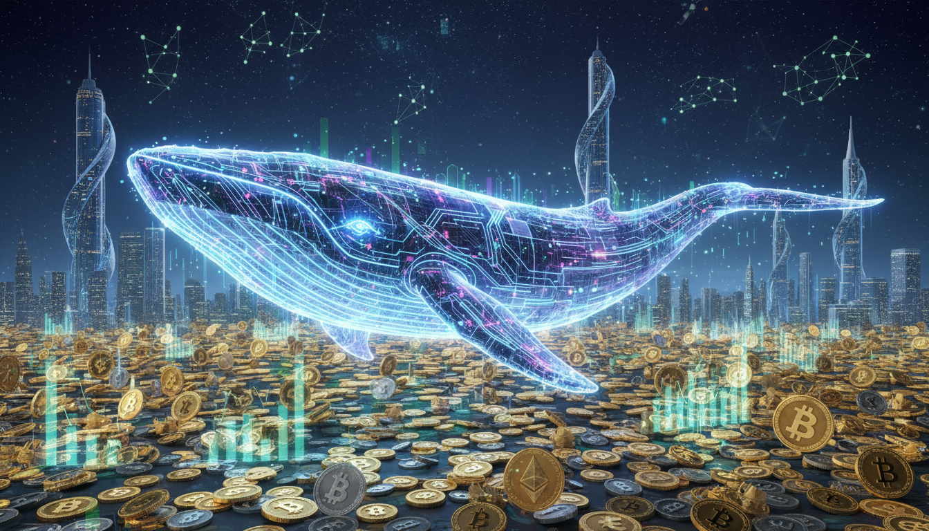 ภาพวาฬ Ethereum ดิจิทัลกำลังว่ายในทะเลคริปโต แสดงถึงการลงทุน ETH ครั้งใหญ่ของวาฬ