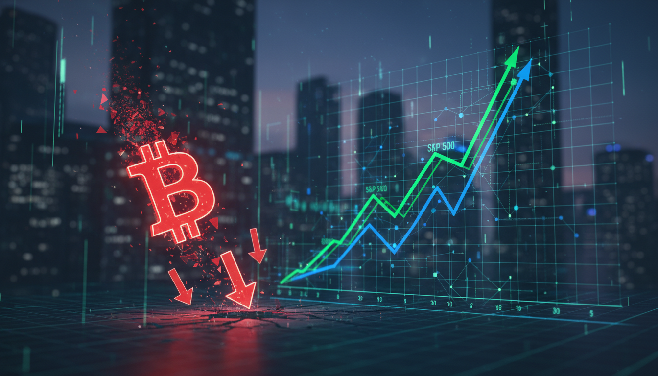 กราฟแสดงความสัมพันธ์เชิงบวกระหว่าง Bitcoin และตลาดหุ้น S&P 500 ชี้ถึงความเสี่ยงที่ Bitcoin ร่วง 50%