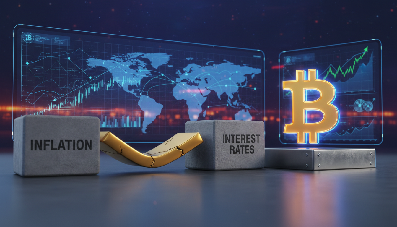 รูปภาพทองคำที่ถูกกดดันด้วยสัญลักษณ์เงินเฟ้อและอัตราดอกเบี้ย ขณะที่บิตคอยน์ยังคงแข็งแกร่งท่ามกลางความผันผวนทางเศรษฐกิจ