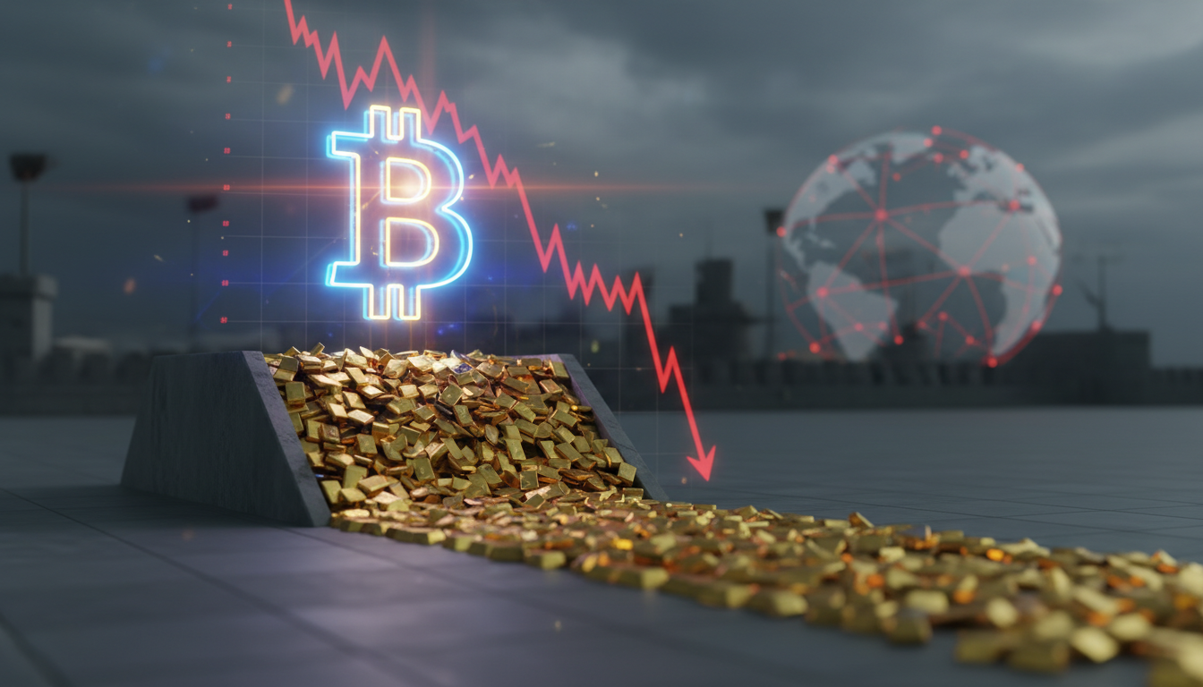 สัญลักษณ์ Bitcoin แข็งแกร่งท่ามกลางกราฟทองคำและตลาดหุ้นเอเชียที่ร่วงลง