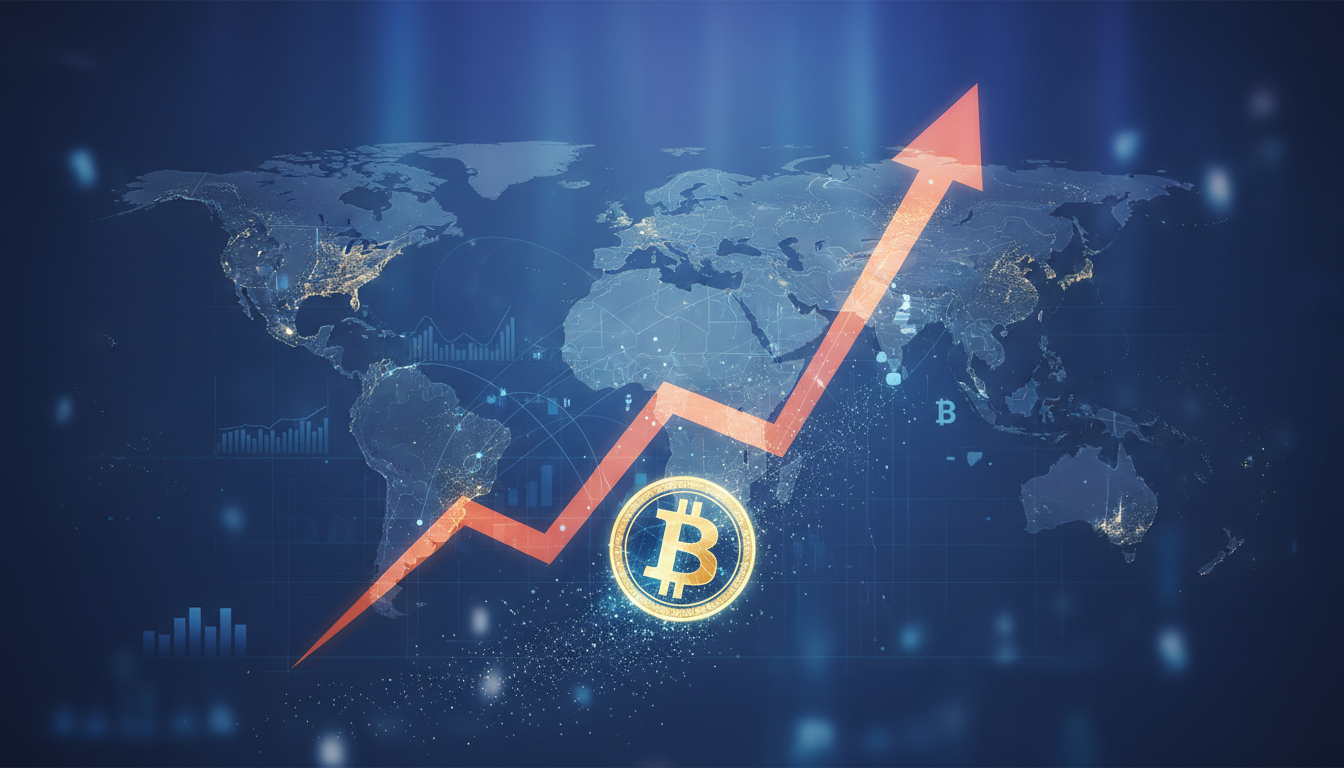 กราฟราคา Bitcoin ทะยานขึ้นสู่ 70,000 ดอลลาร์ พร้อมภาพแผนที่โลกแสดงความเชื่อมโยงกับสถานการณ์อิหร่าน