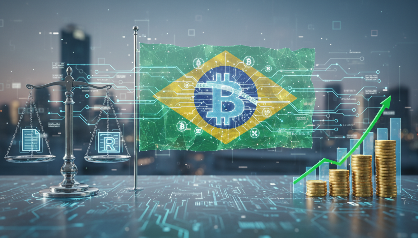 ธงชาติบราซิลพร้อมสัญลักษณ์คริปโตและเครื่องชั่งความยุติธรรม แสดงถึงการชะลอแผนภาษีคริปโตบราซิล