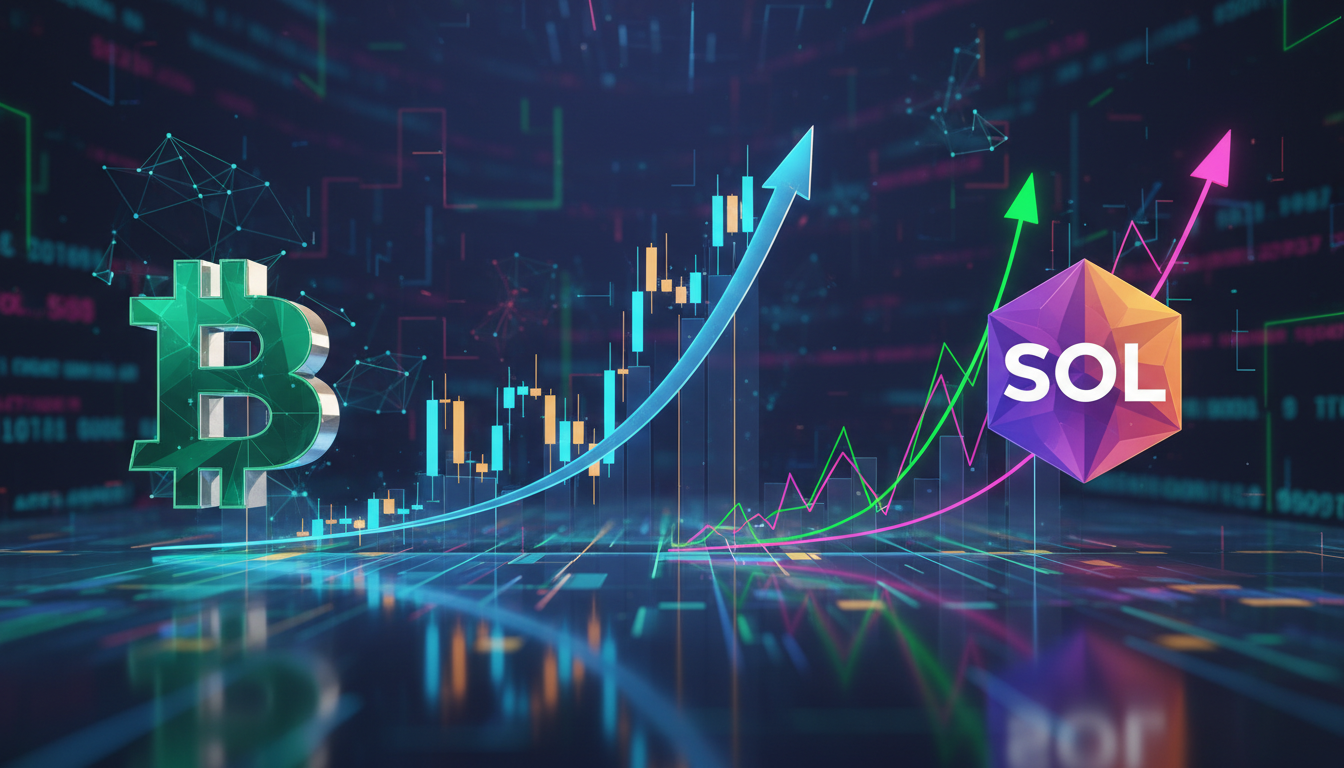 กราฟราคา Bitcoin Cash (BCH) และ Solana (SOL) ปรับตัวสูงขึ้น แสดงถึงการเติบโตในตลาดคริปโตและดัชนี CoinDesk 20