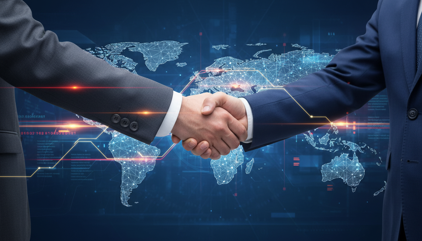 ภาพผู้บริหารสหรัฐฯ และจีนจับมือกัน สื่อถึงความร่วมมือทางธุรกิจและการขยาย ธุรกิจสหรัฐในจีน