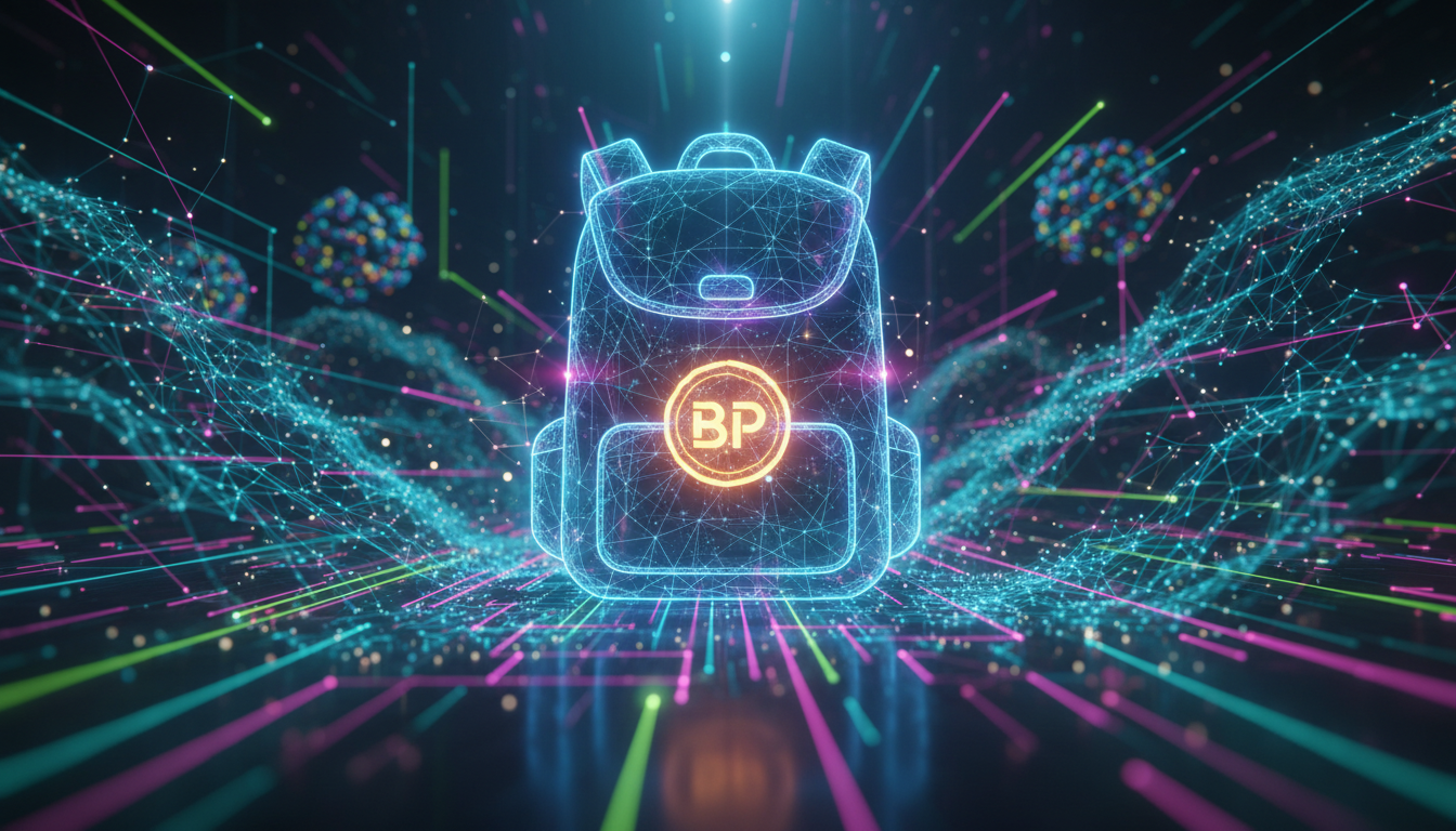 โลโก้ BP Token ของ Backpack บนพื้นหลังเครือข่าย Solana แสดงถึงการเปิดตัว BP Token Backpack