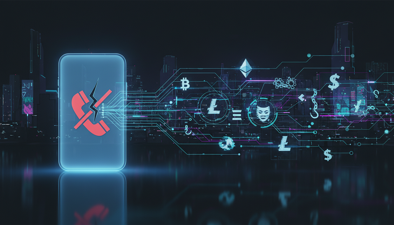 ภาพแนวคิด กลโกงคริปโตจากข้อความผิดเบอร์ แสดงถึงการหลอกลวงทางสังคมและแพลตฟอร์มปลอม