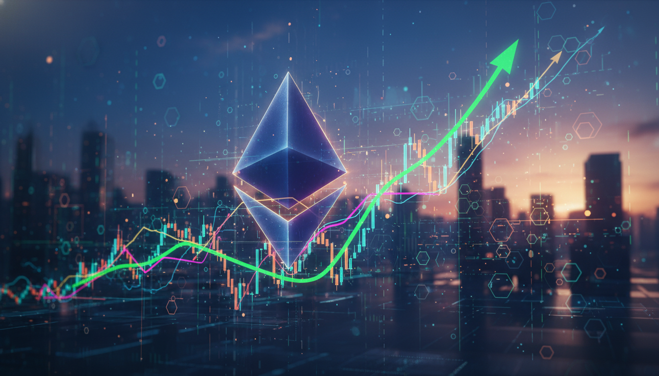 โลโก้ Ether (ETH) ที่กำลังฟื้นตัวท่ามกลางกราฟราคาขาขึ้น แสดงถึงสัญญาณตลาดคริปโตกลับมาสดใส