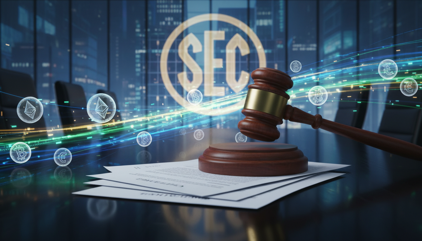ภาพค้อนศาลบนเอกสารกฎหมาย พร้อมสัญลักษณ์ SEC และคริปโต สื่อถึงการลาออกของผู้บังคับใช้กฎหมายสูงสุดของ SEC
