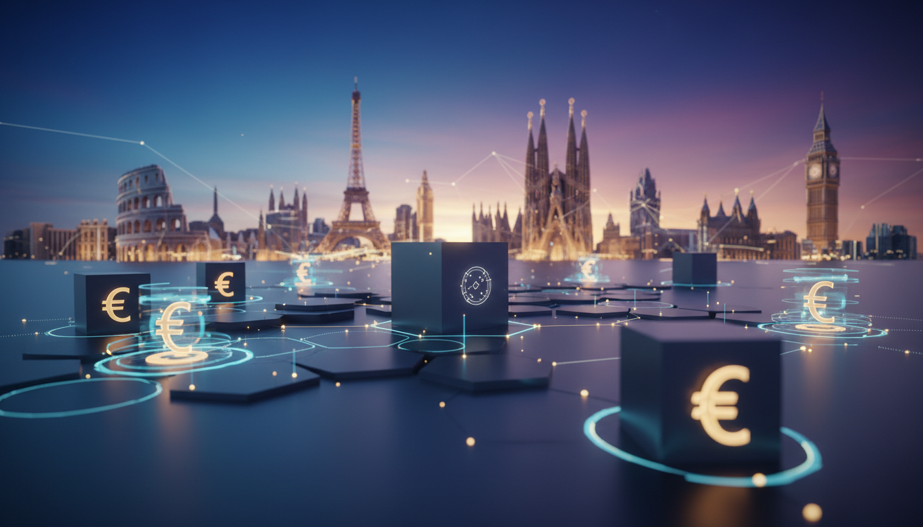 ภาพแนวคิดการกำกับดูแล Stablecoin ในสหภาพยุโรป โดยมีโลโก้ Circle และสัญลักษณ์ยูโรดิจิทัล