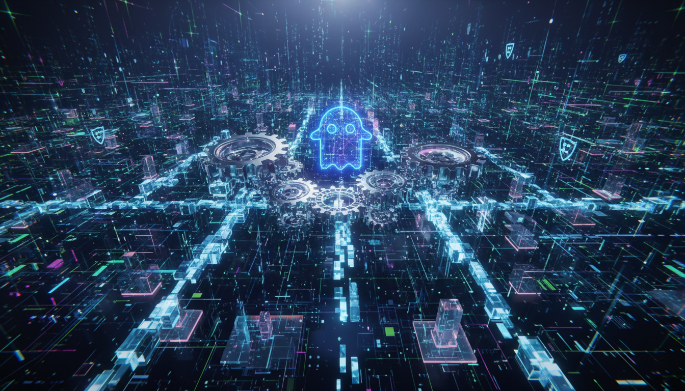 ภาพเชิงนามธรรมแสดงถึงระบบ DeFi ของ Aave V4 Mainnet บน Ethereum พร้อมสัญลักษณ์ Aave และองค์ประกอบบล็อกเชน
