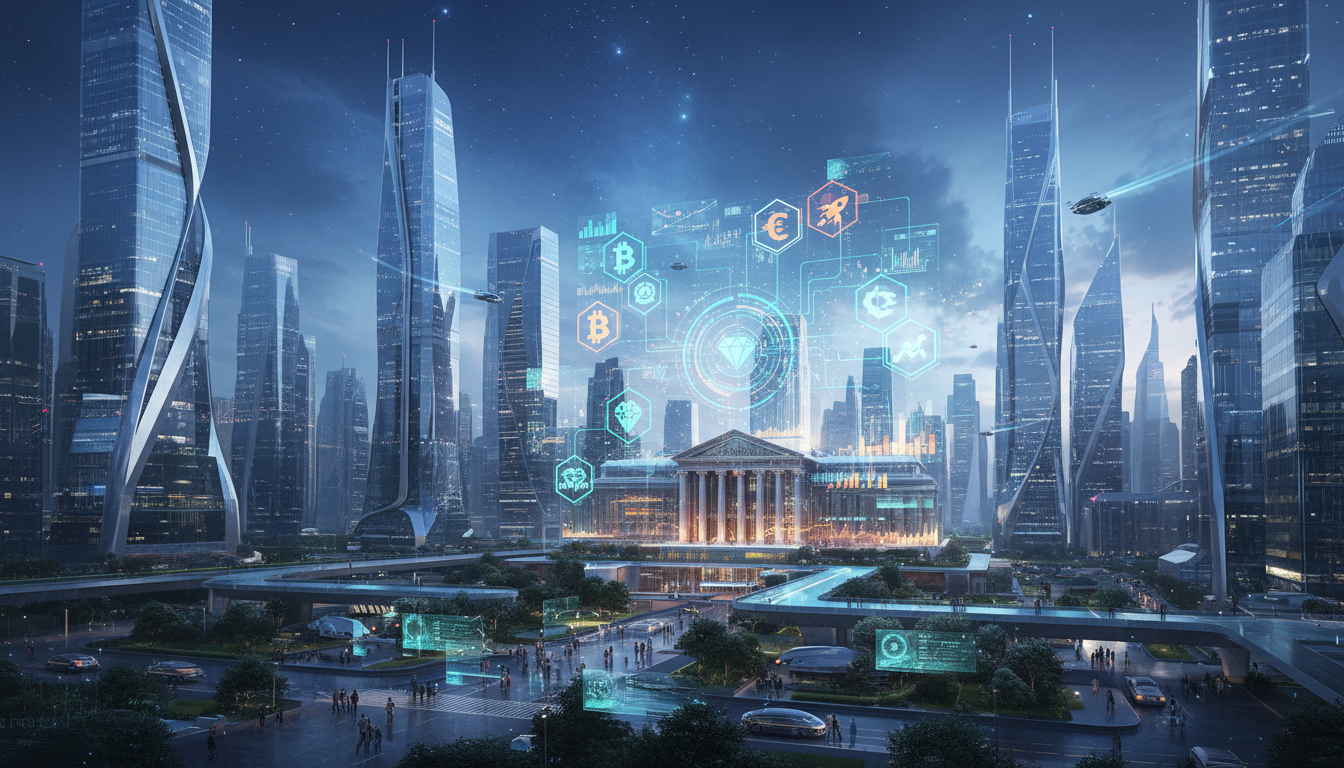 ภาพแสดงการรวมกันของสถาบันการเงินดั้งเดิมและเทคโนโลยีบล็อกเชน โดยมีไอคอนของสินทรัพย์โทเค็นและพันธบัตรรัฐบาลดิจิทัล Invesco และ Superstate