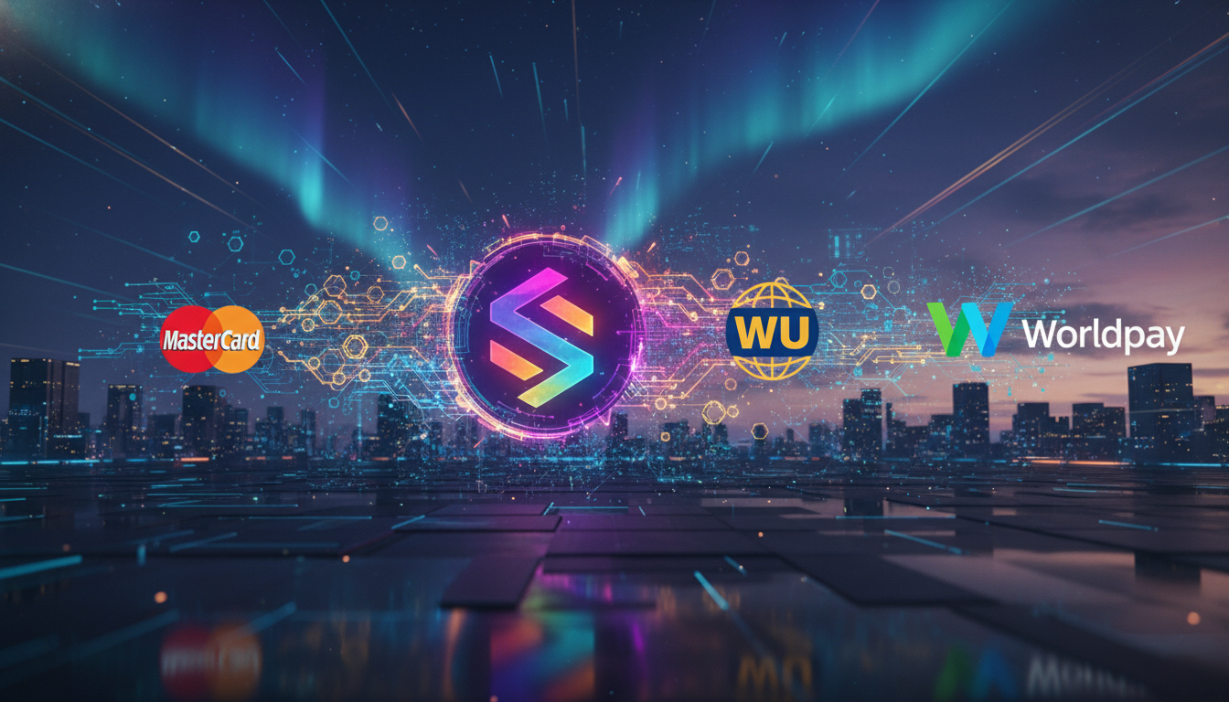 โลโก้ Solana Foundation ผสานกับโลโก้ Mastercard, Western Union, Worldpay แสดงถึงแพลตฟอร์มบล็อกเชนสำหรับสถาบัน