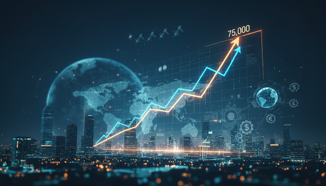 กราฟราคา Bitcoin พุ่งขึ้นสู่ 75,000 ดอลลาร์ พร้อมภาพประกอบเชิงนามธรรมสื่อถึงการฟื้นตัวของตลาด