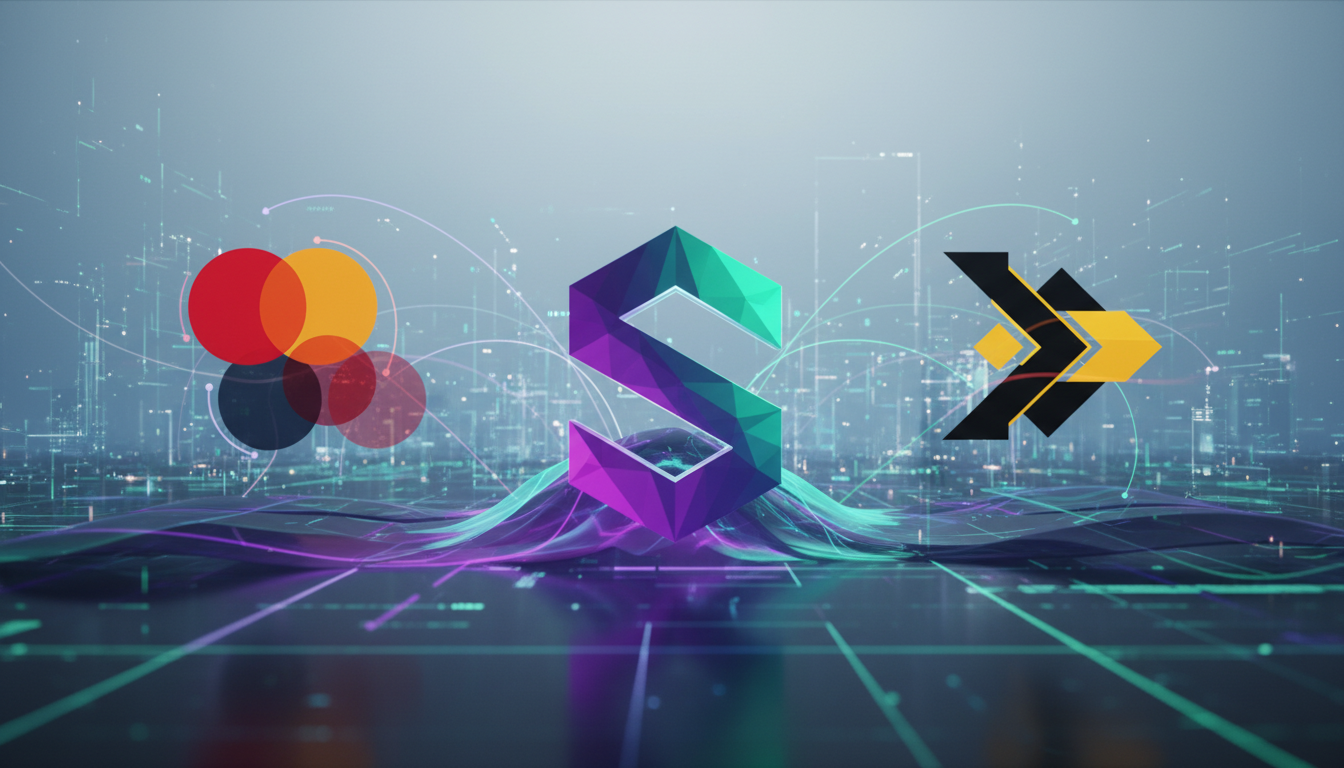 โลโก้ Solana ร่วมกับสัญลักษณ์ Mastercard และ Western Union บ่งบอกถึงความร่วมมือบนแพลตฟอร์มใหม่เพื่อดึงดูดสถาบัน