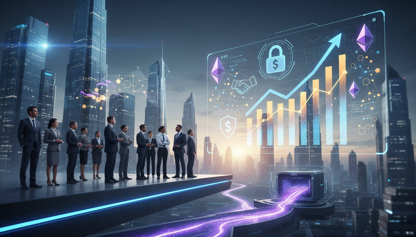 ผู้บริหาร TradFi กำลังพิจารณาการลงทุนใน Staked ETH บนหน้าจอแท็บเล็ต ซึ่งแสดงถึงการรวมกันของการเงินแบบดั้งเดิมและคริปโต