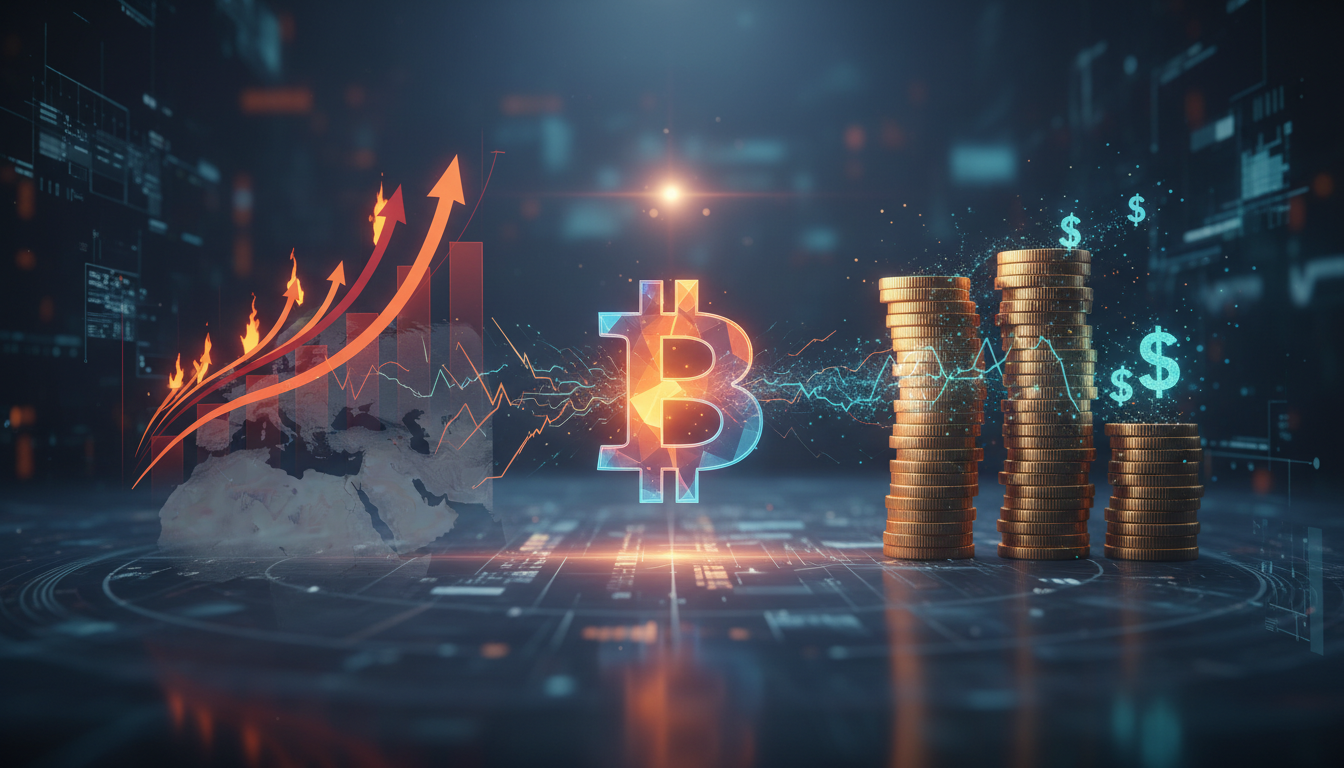 กราฟแสดงแรงกดดันต่อราคา Bitcoin จากผลตอบแทนพันธบัตรสหรัฐฯ วิกฤตอิหร่าน และเงินเฟ้อ