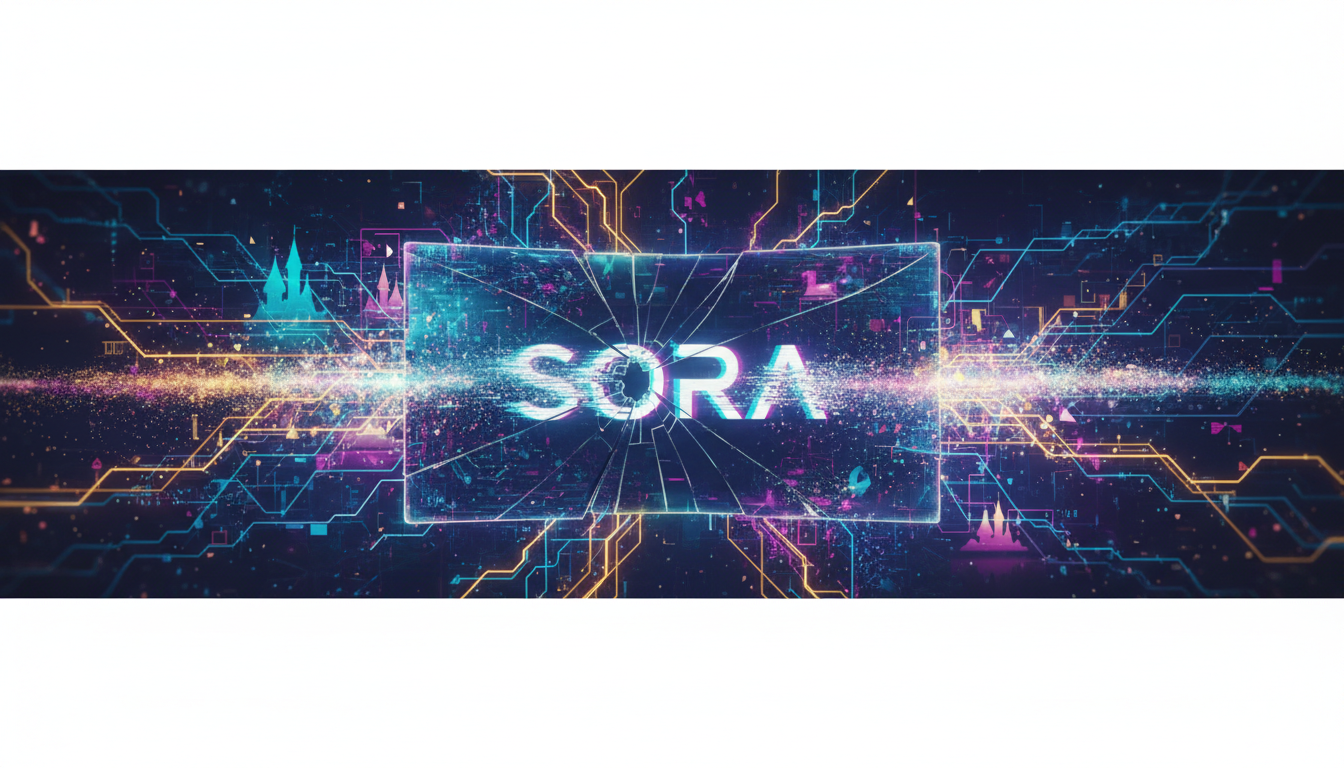 หน้าจอ AI วิดีโอ Sora แตกสลาย สื่อถึงการยุติโครงการของ OpenAI พร้อมภาพดิจิทัลอาร์ตของเครือข่ายประสาทเทียม