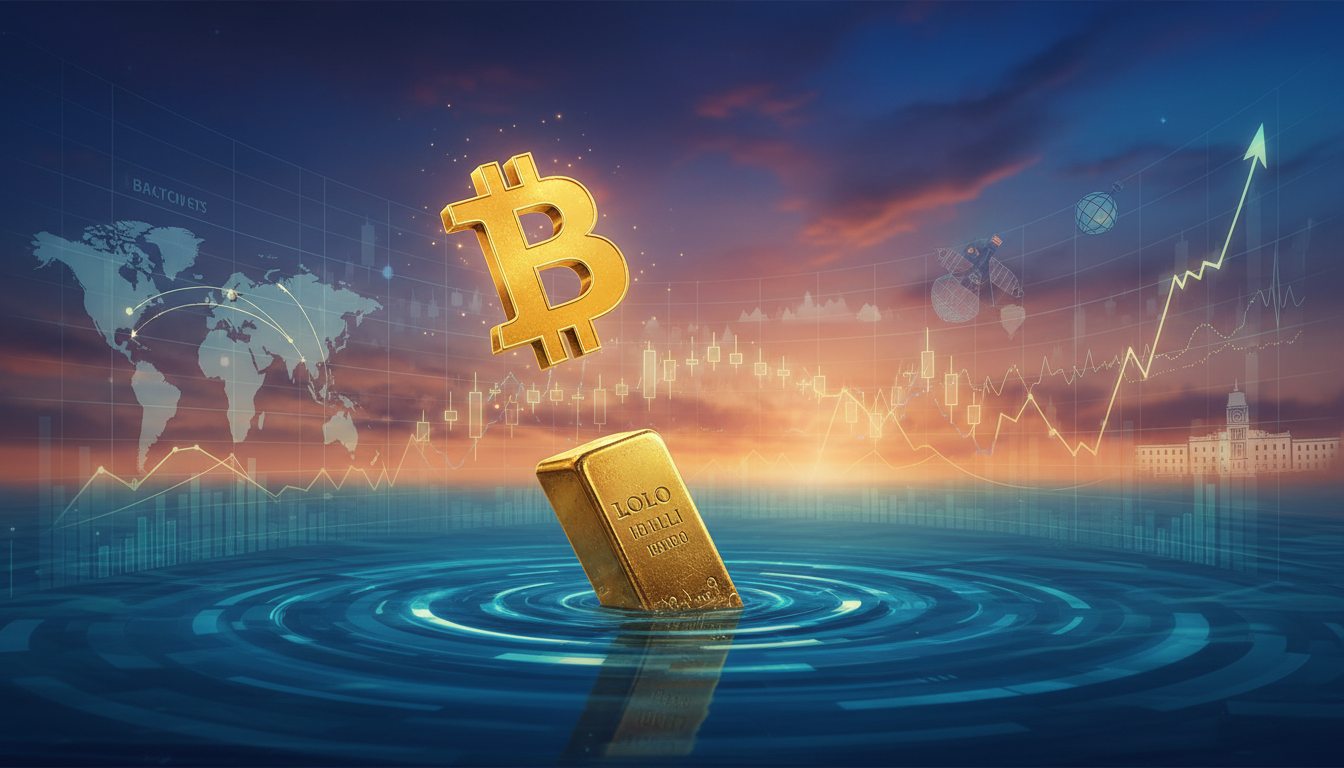 ภาพแสดงบิตคอยน์ที่กำลังพุ่งขึ้นและทองคำที่กำลังร่วงลง สื่อถึงการเปลี่ยนแปลงของสินทรัพย์ปลอดภัย