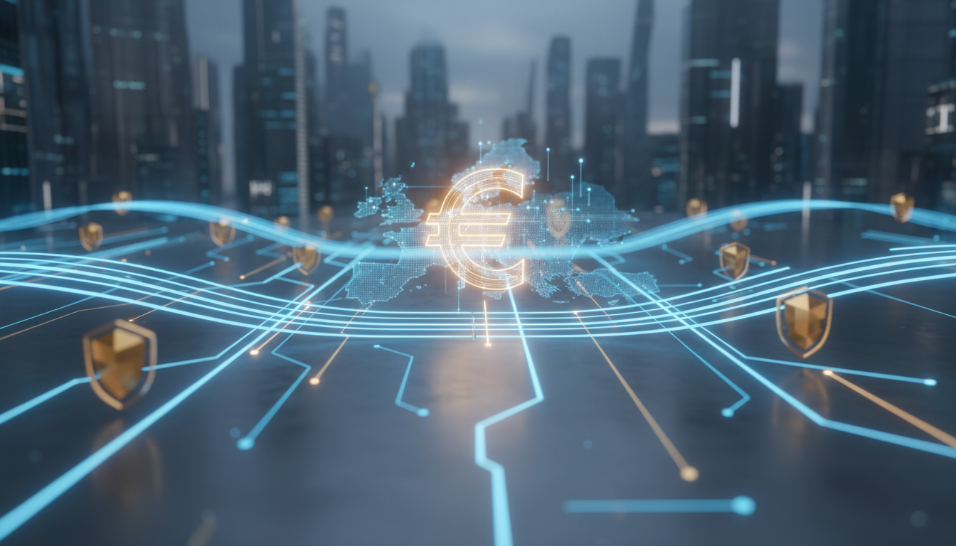 ภาพแนวคิด ดิจิทัลยูโร แสดงถึงการไหลเวียนของเงินดิจิทัลในยุโรป