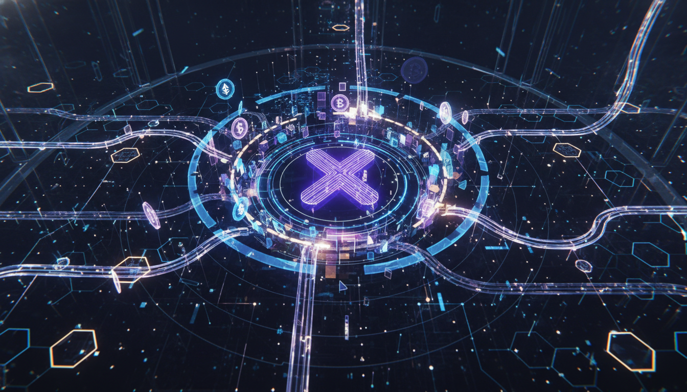 โลโก้ X Money ที่ผสานสัญลักษณ์คริปโตและบล็อกเชน แสดงถึงวิสัยทัศน์การชำระเงินดิจิทัลของ X และ Elon Musk