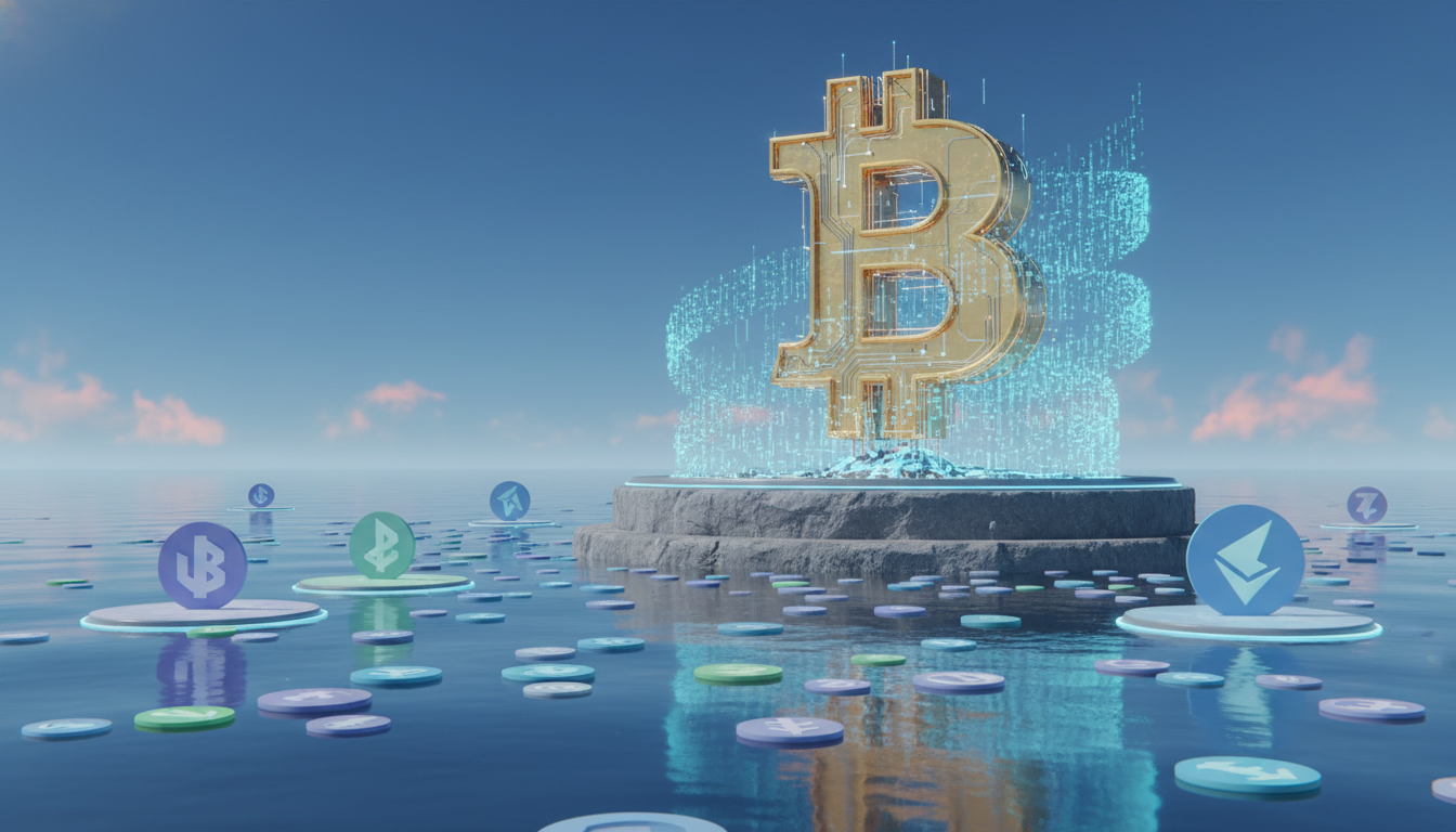 สัญลักษณ์ Bitcoin ยืนหยัดอย่างมั่นคงท่ามกลางตลาดคริปโตที่ดูสงบ สะท้อนถึงความยืดหยุ่นของ Bitcoin