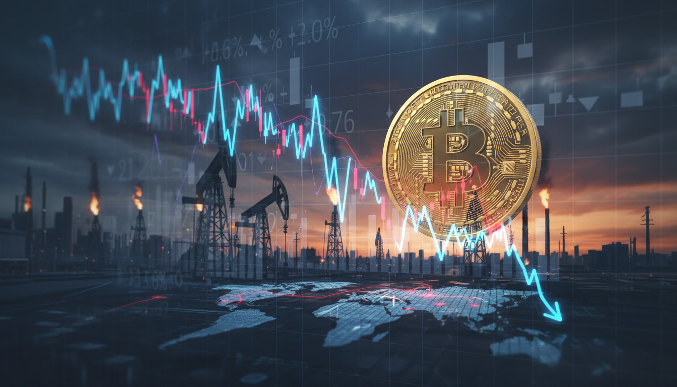กราฟราคาคริปโตร่วงลงพร้อมสัญลักษณ์ Bitcoin และราคาน้ำมันที่พุ่งสูงขึ้น แสดงถึงปัจจัยเศรษฐกิจมหภาคที่ส่งผลกระทบต่อตลาดคริปโต