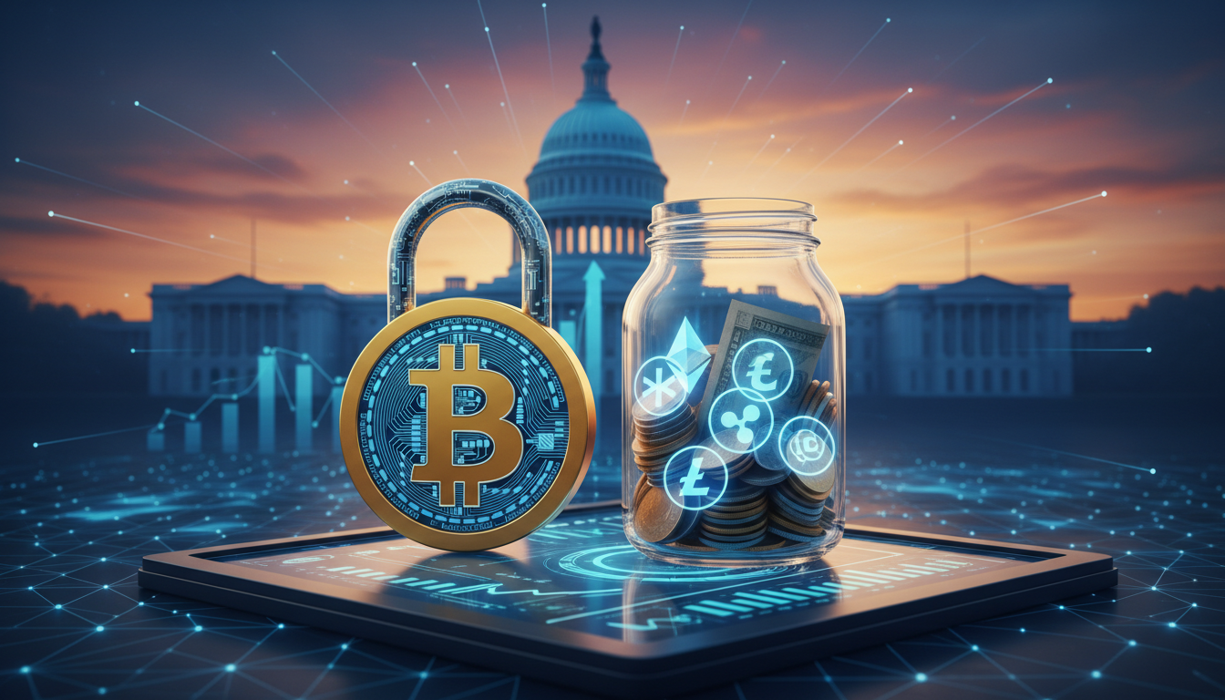 สัญลักษณ์คริปโตในแผนบำนาญ 401k และอาคารทำเนียบขาว สื่อถึงการอนุมัติการลงทุนคริปโตสำหรับเงินเกษียณ