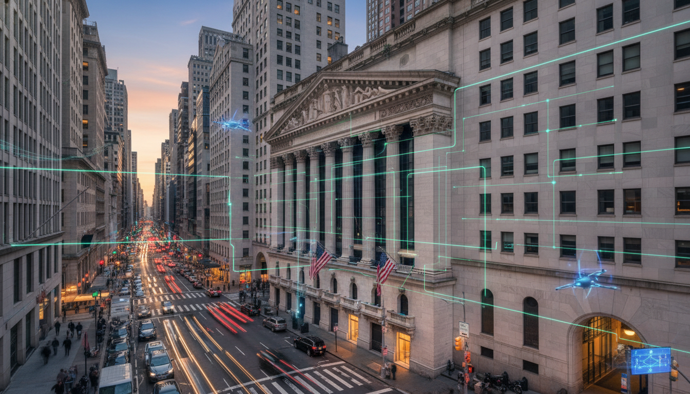 อาคาร NYSE ผสานกับเครือข่ายบล็อกเชน แสดงถึงการรวม NYSE Blockchain เข้าสู่ระบบการเงินดั้งเดิม