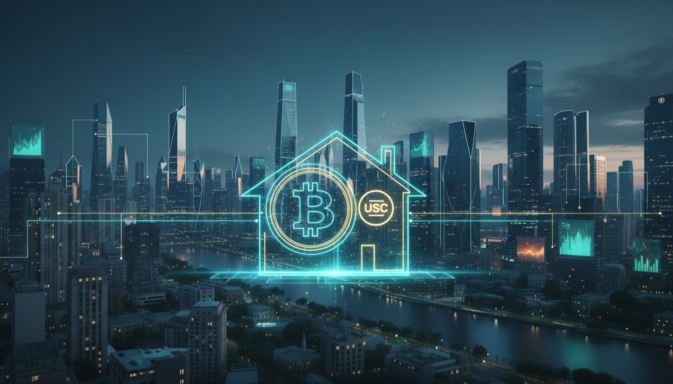 รูปภาพแสดงการเชื่อมโยงระหว่างสกุลเงินดิจิทัล (Bitcoin, USDC) กับสินเชื่อบ้าน Fannie Mae ที่ Coinbase เปิดตัว