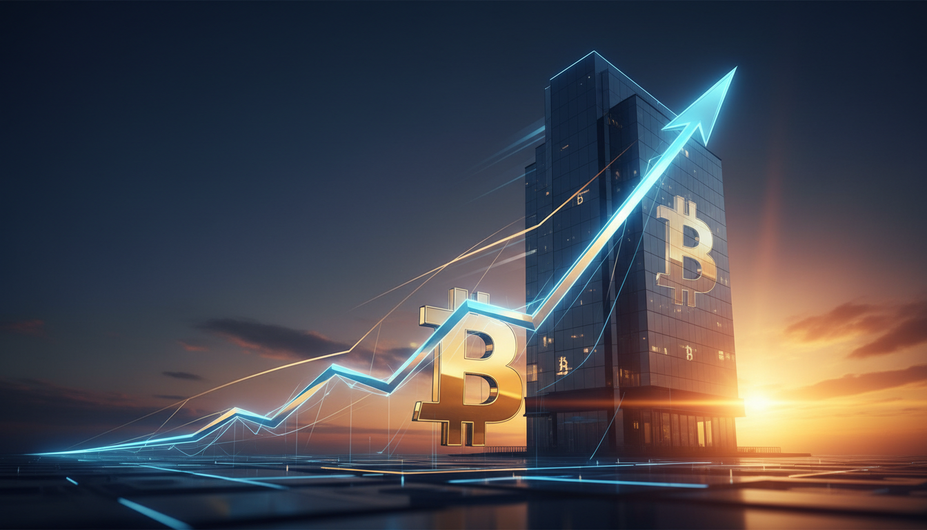 กราฟแสดงการฟื้นตัวของหุ้นปันผล MicroStrategy พร้อมโลโก้ Bitcoin สื่อถึงการสะสม Bitcoin