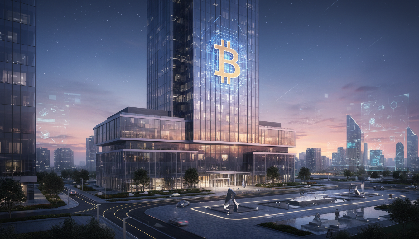 ภาพอาคารบริษัทขนาดใหญ่พร้อมสัญลักษณ์ Bitcoin สื่อถึง Twenty One Capital ผู้ถือครอง Bitcoin รายใหญ่ของโลก