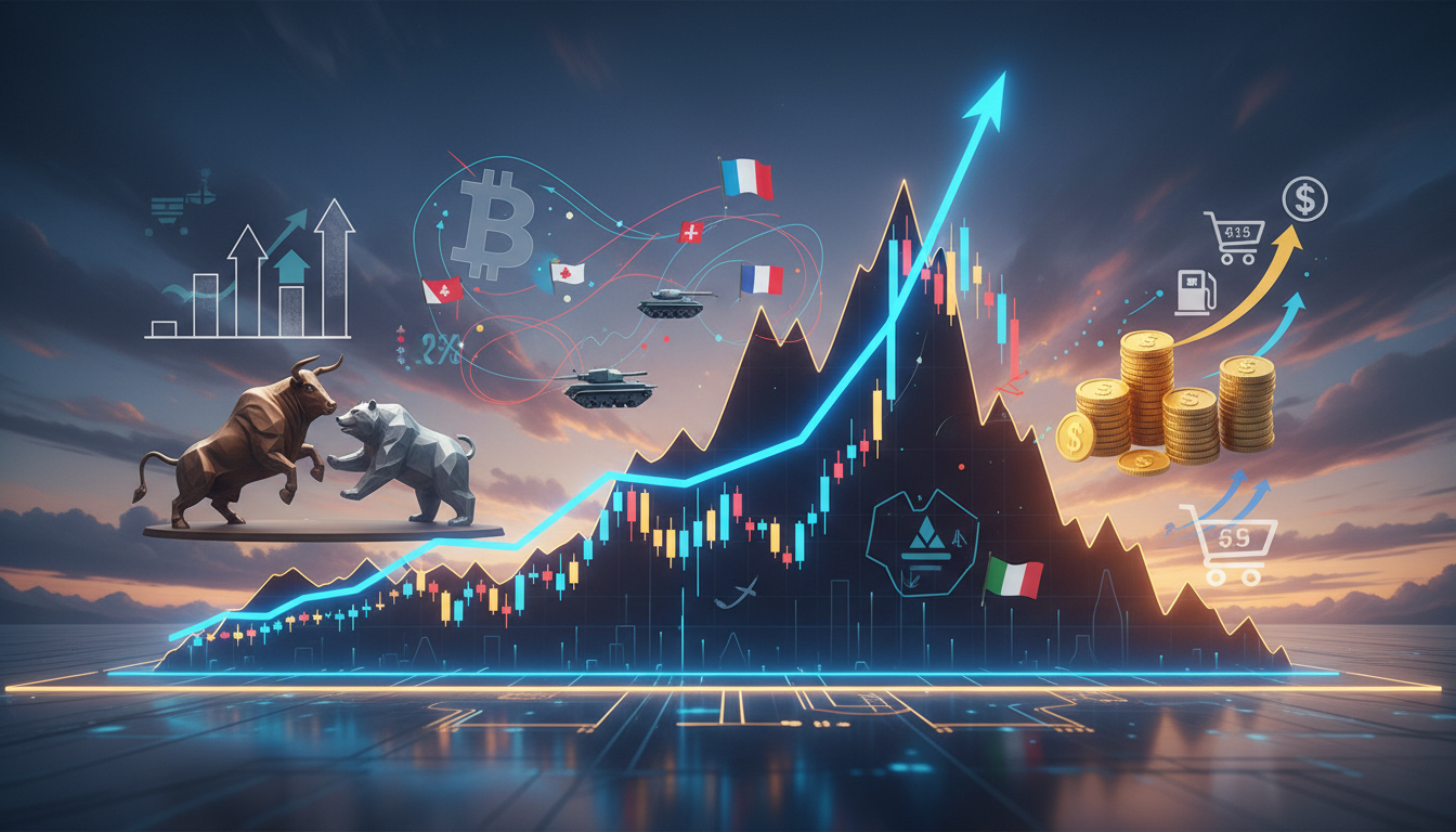 กราฟราคา Bitcoin ที่มีแนวโน้มสูงขึ้น พร้อมสัญลักษณ์การกลับมาของ TradFi และความท้าทายจากเงินเฟ้อ สงคราม