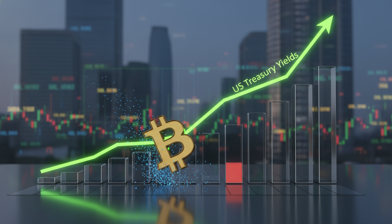 กราฟแสดงราคา Bitcoin ร่วงลง สวนทางผลตอบแทนพันธบัตรสหรัฐฯ ที่พุ่งสูงขึ้น