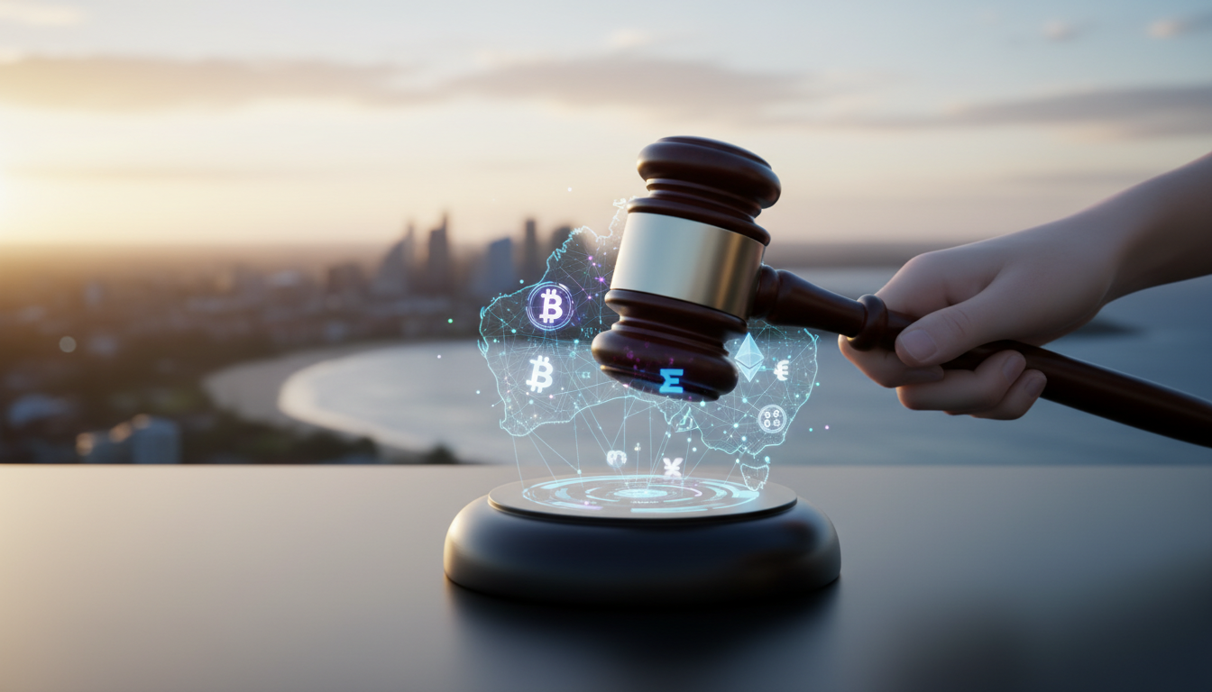 ค้อนศาลกระทบแท่นพร้อมสัญลักษณ์คริปโต แสดงถึงการถูกปรับของ Binance ออสเตรเลีย