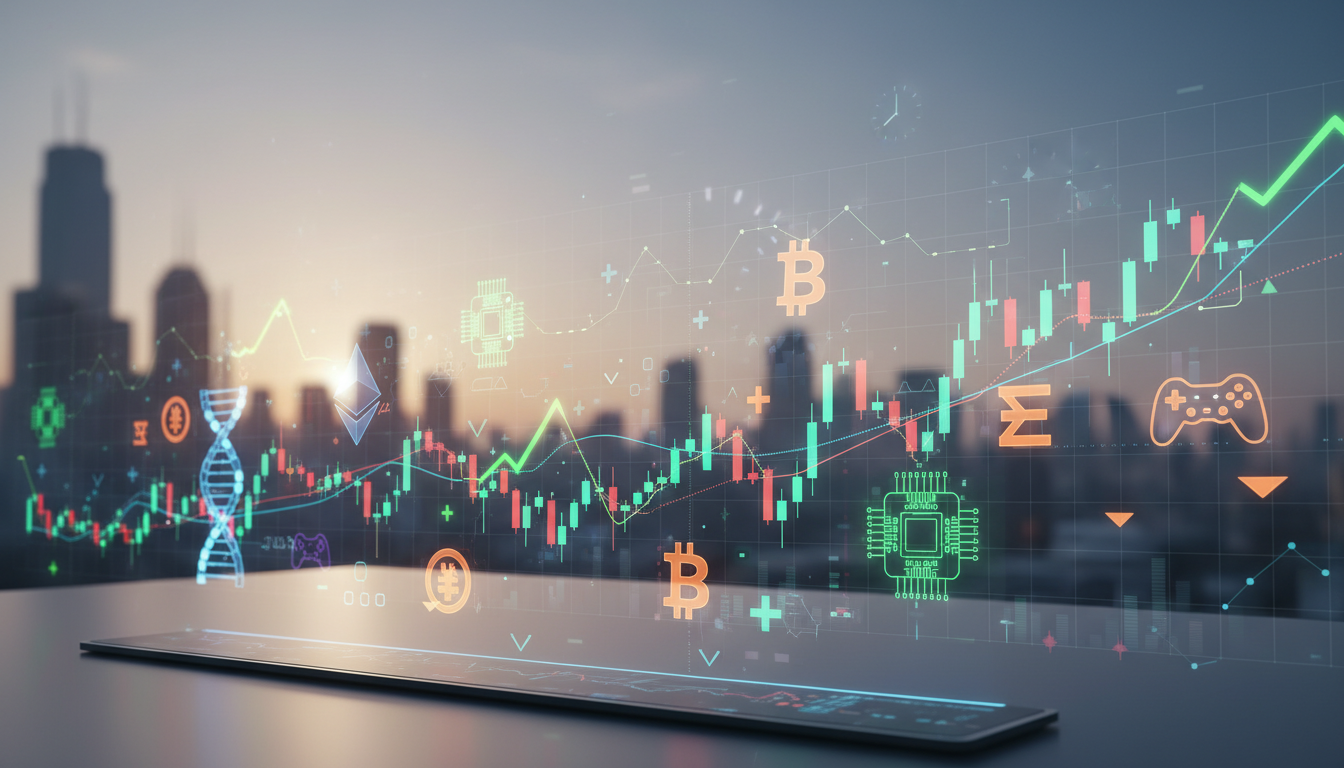 ภาพกราฟหุ้นพรีมาร์เก็ต แสดงการเคลื่อนไหวราคาของ AstraZeneca, Unity และ Coinbase พร้อมสัญลักษณ์อุตสาหกรรมยา เกม และคริปโต