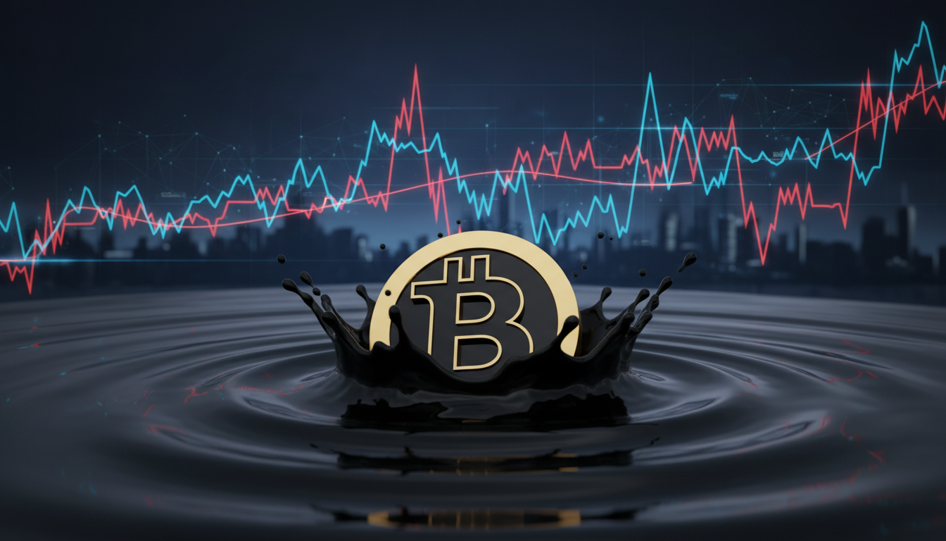 โลโก้ Bitcoin จมลงใต้น้ำมัน สื่อถึงราคา Bitcoin ที่ดิ่งลงจากราคาน้ำมันและเงินเฟ้อ