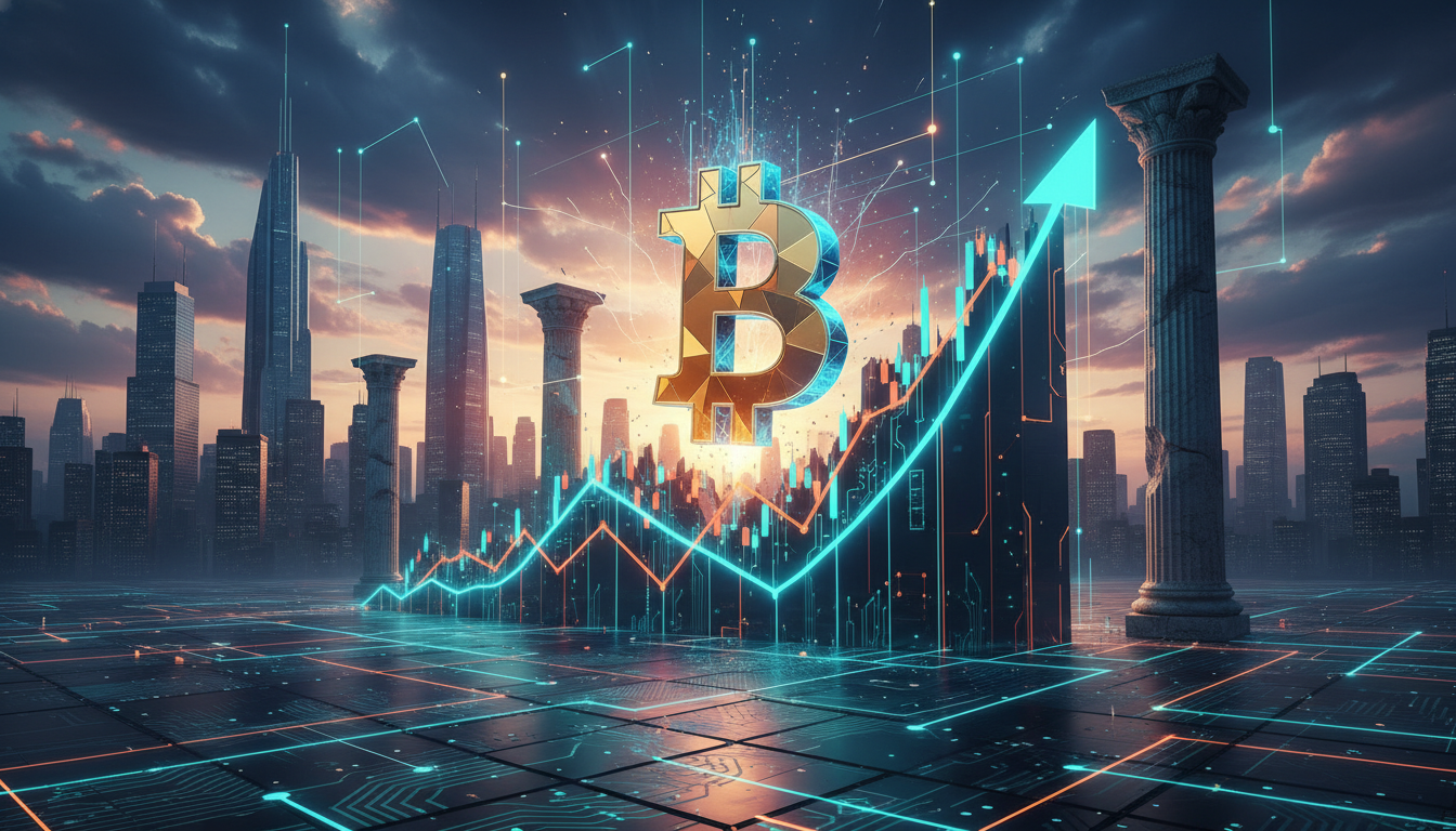 กราฟราคา Bitcoin ที่แสดงแนวโน้มขาขึ้น พร้อมสัญลักษณ์ Bitcoin สื่อถึงการทำลายสถิติเก่า