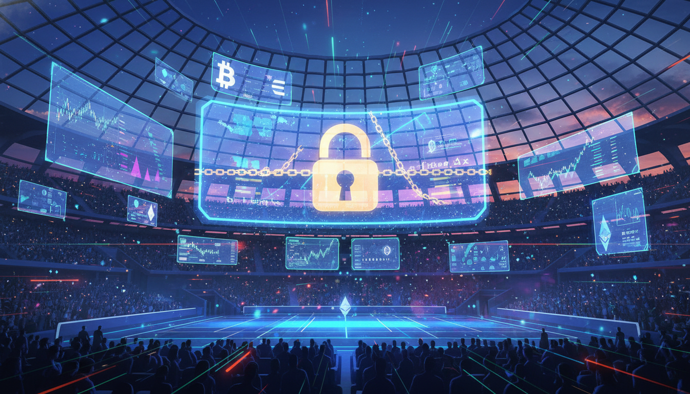 สนามกีฬาดิจิทัลแสดงตลาดคาดการณ์คริปโตและเดิมพันกีฬา พร้อมสัญลักษณ์กุญแจล็อก สื่อถึงการถูกแบนและกฎระเบียบ