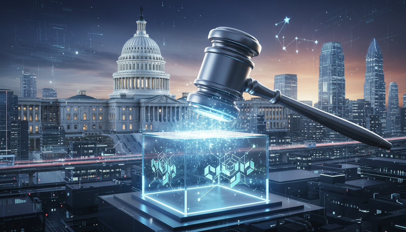 ค้อนดิจิทัลกระทบสัญลักษณ์บล็อกเชนหน้าอาคารรัฐสภาสหรัฐฯ สื่อถึงกฎหมายคริปโตสหรัฐฯ