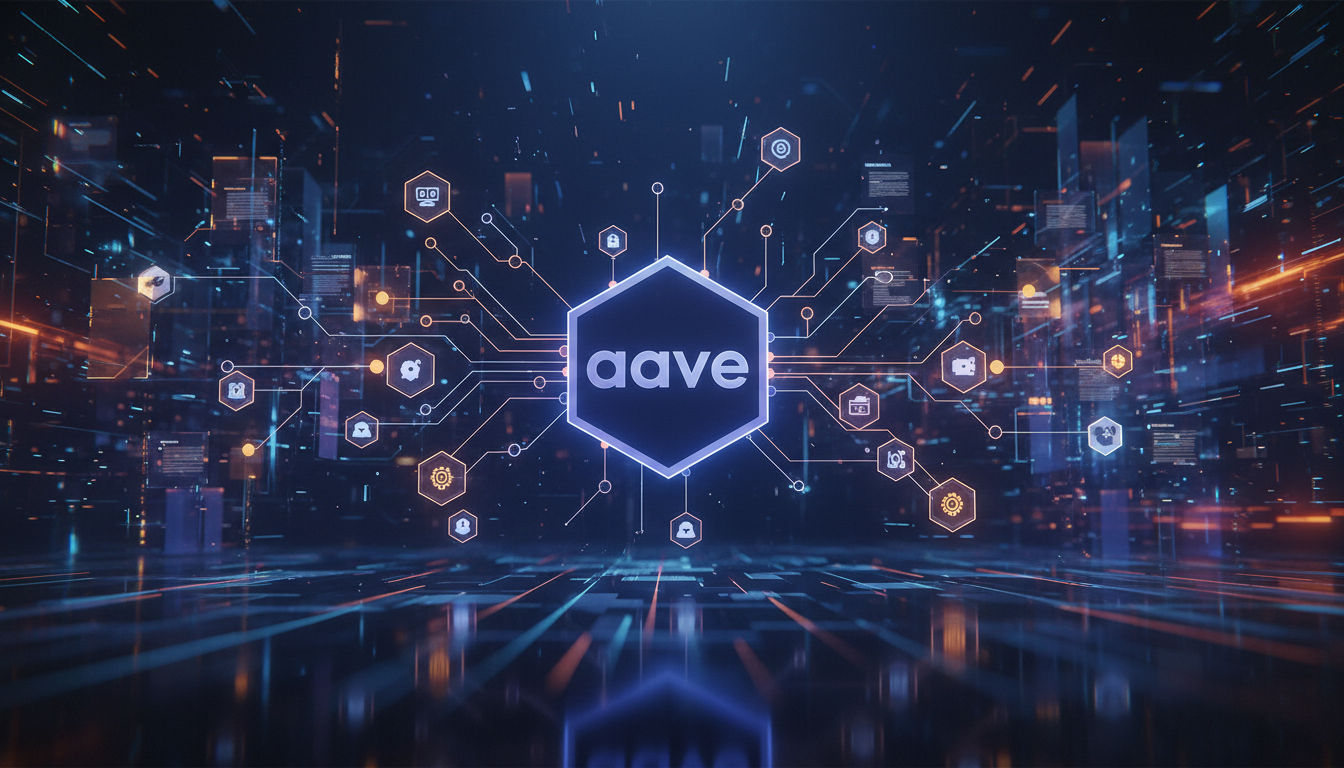 ภาพแสดงโปรโตคอล Aave DeFi และการอัปเกรด V4 ที่กำลังจะมาถึง พร้อมภาพประกอบแนวคิดเรื่องธรรมาภิบาลและการกระจายอำนาจ