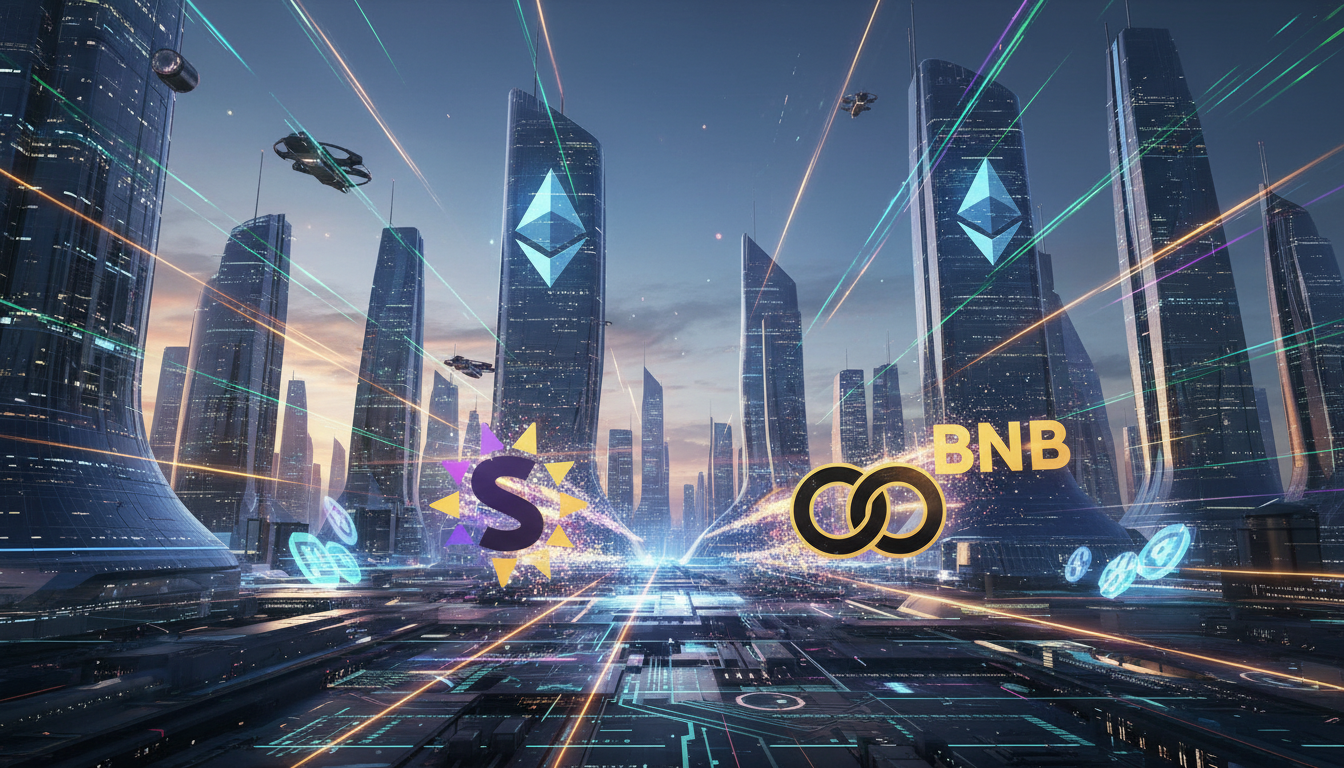 กราฟิกแสดงการแข่งขันในตลาดคริปโต โดยมีโลโก้ Ethereum ลดความโดดเด่นลง และโลโก้ Altcoin อื่นๆ เช่น Solana, BNB โดดเด่นขึ้น สื่อถึงการเปลี่ยนแปลงอันดับ Ethereum