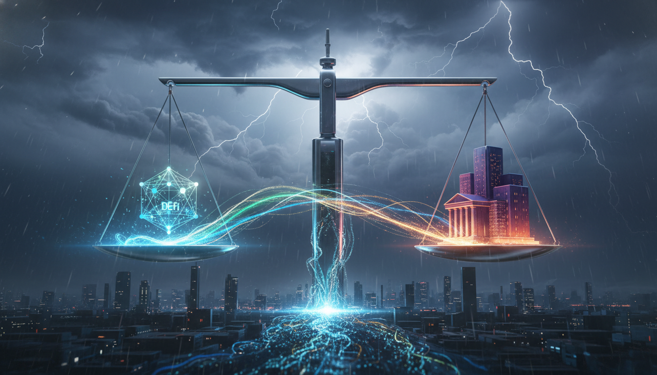 ภาพแนวคิดการปรับสมดุลระหว่างโทเคน DeFi และสถาบันการเงินที่ถูกกำกับดูแล ภายใต้แรงกดดันจากกฎหมาย CLARITY Act