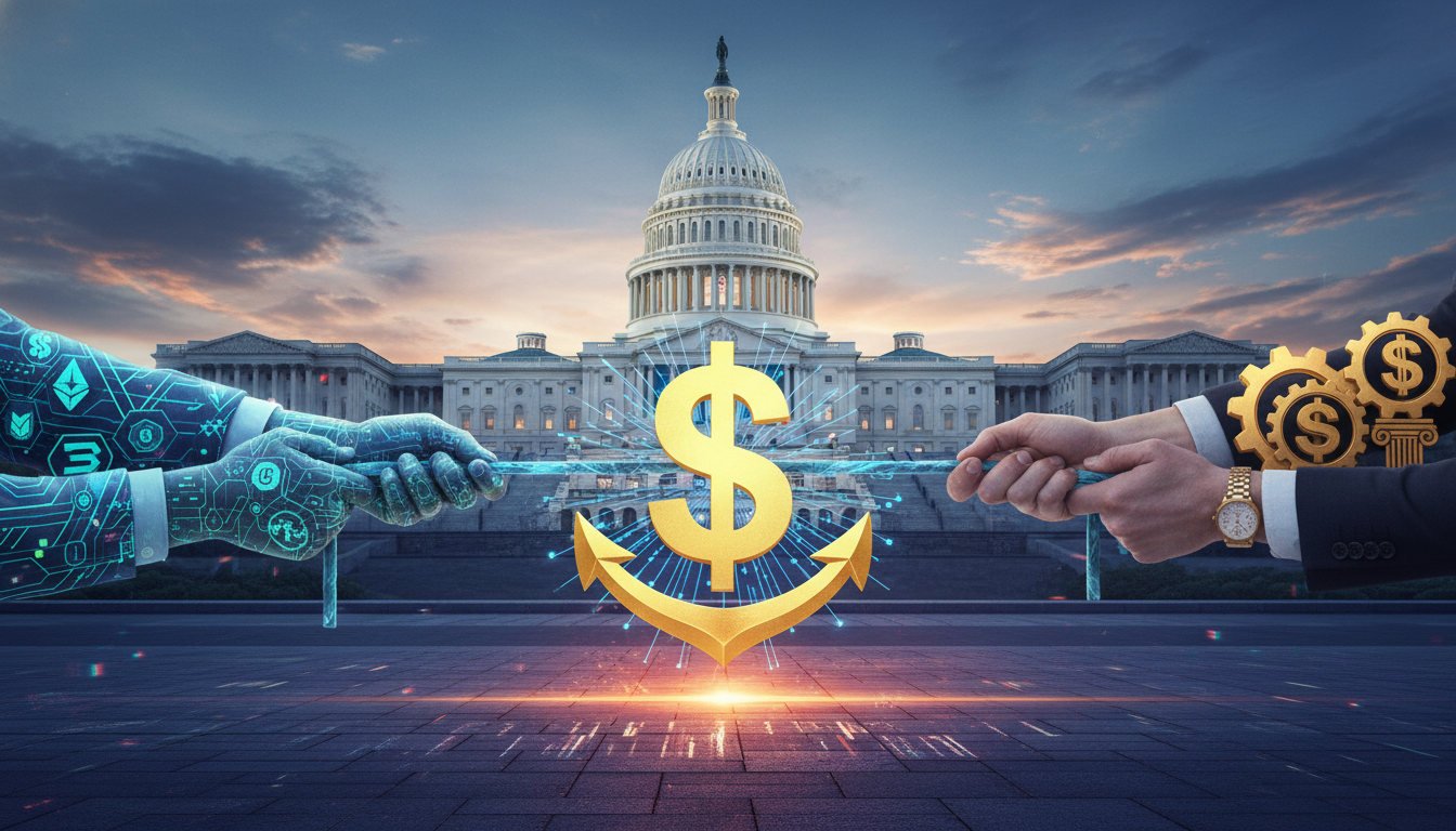 สัญลักษณ์ Stablecoin ถูกดึงโดยมือจากอุตสาหกรรมคริปโตและธนาคาร สื่อถึงข้อตกลง Stablecoin Yield ที่ไม่มีใครพอใจ 100%